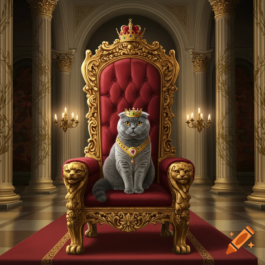 A majestic gray cat wearing a crown sits on a large golden throne in a grand hall.