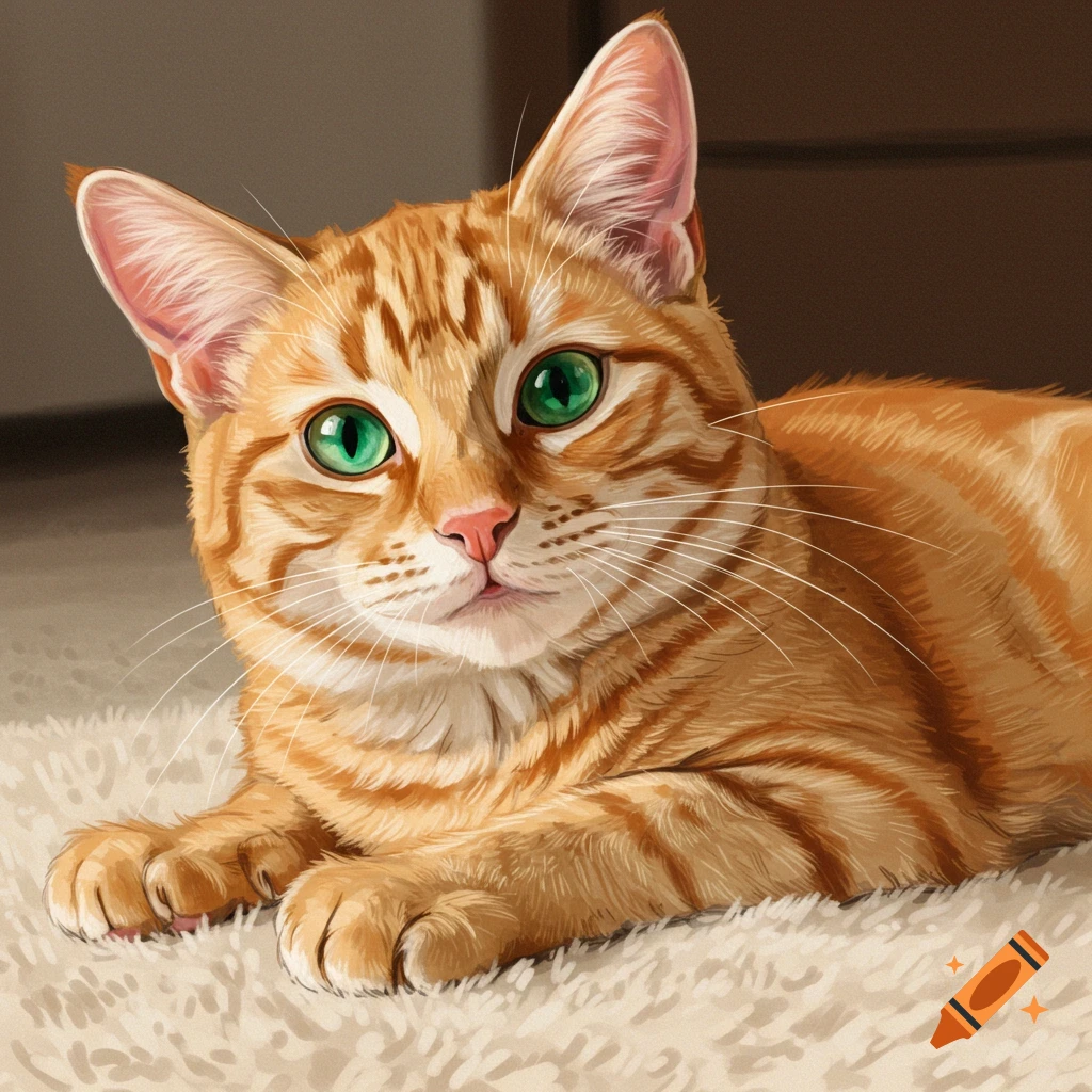 A ginger cat with green eyes lies on a fluffy rug.