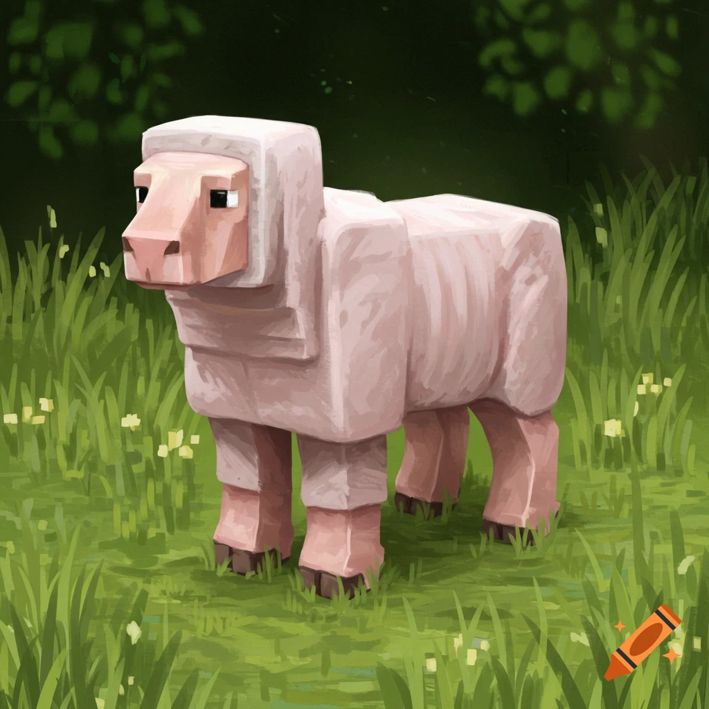 A blocky pink sheep stands in a grassy field.
