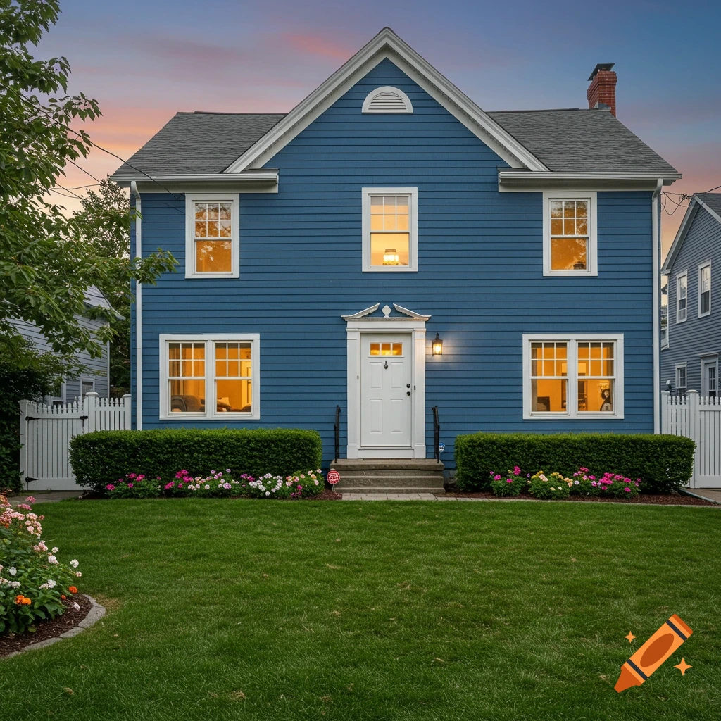 Exterior view of a blue two-story house with a white door, white fence, lawn, and flowers at dusk.