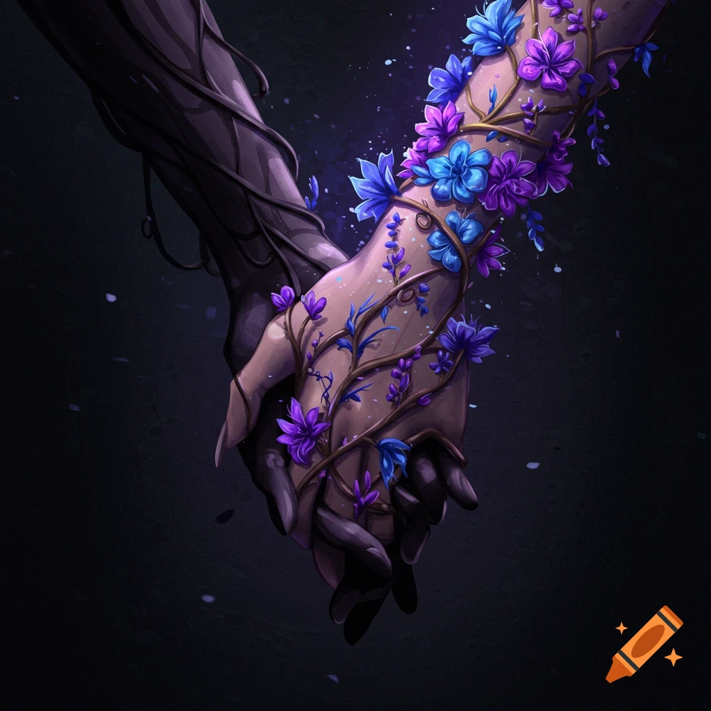 Two hands holding, one dark, one covered in vines and blue and purple flowers.