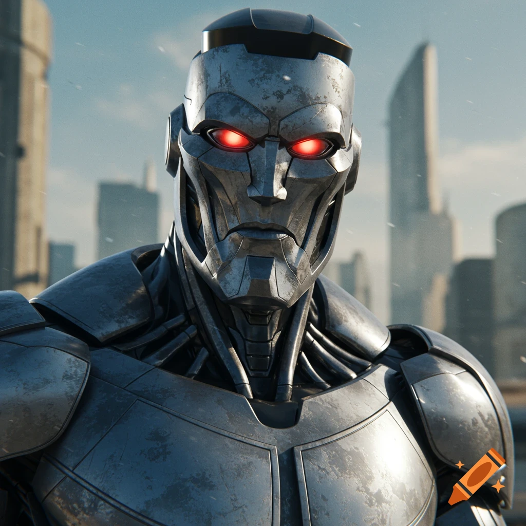 A close-up of a metallic robot with glowing red eyes standing in front of city buildings.