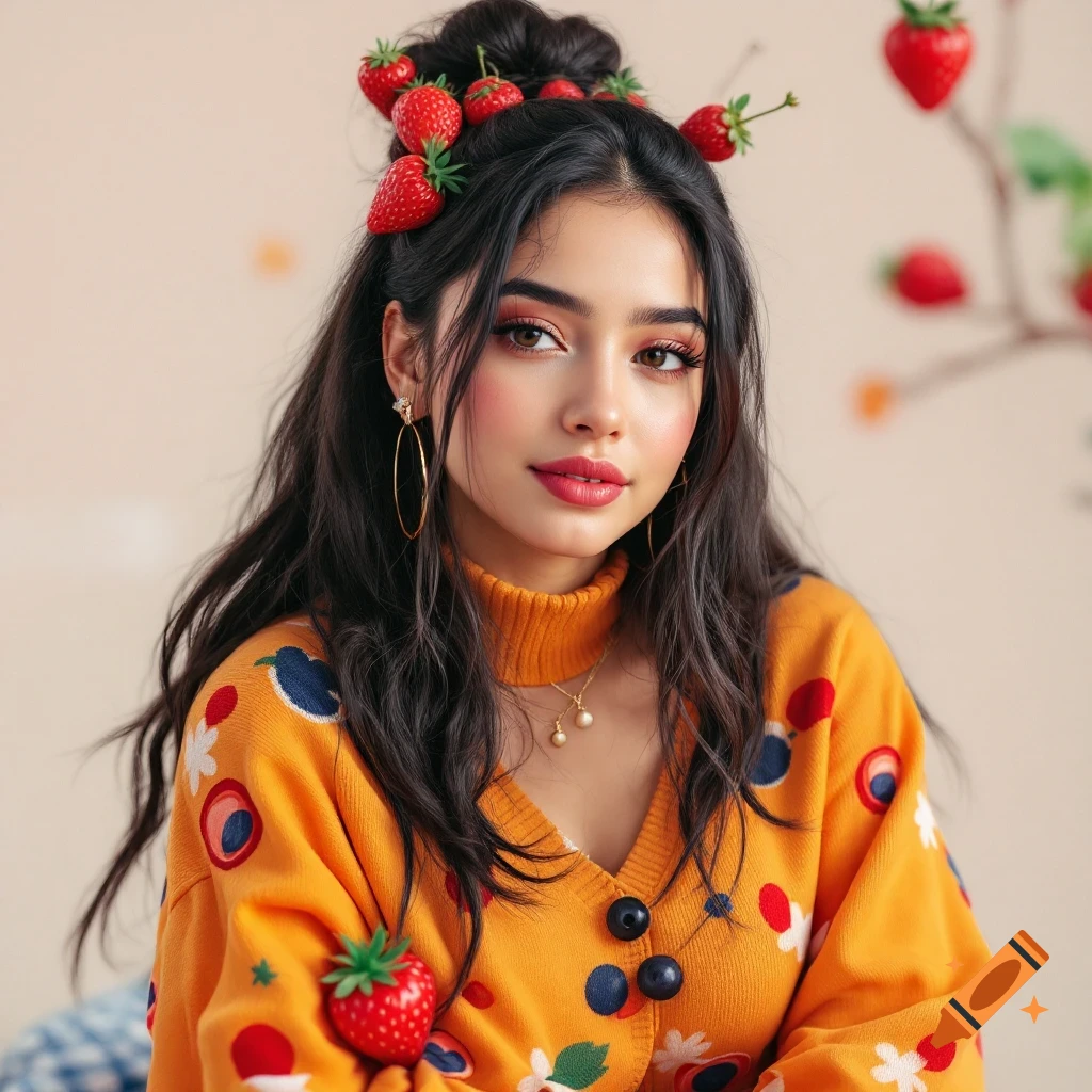 A young woman with strawberries in her hair and an orange sweater smiles.