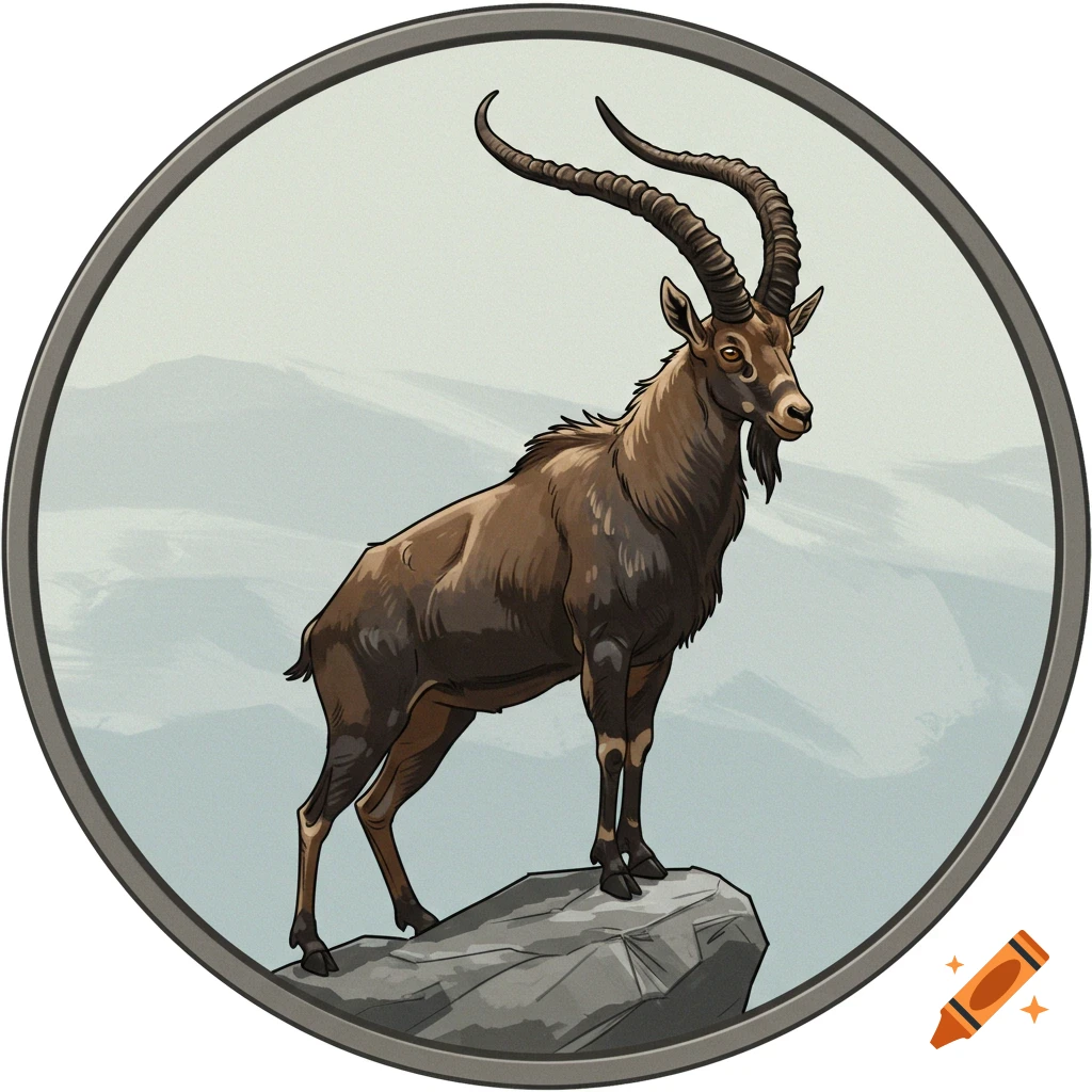 A stylized image of an ibex standing on a rock inside a circle.