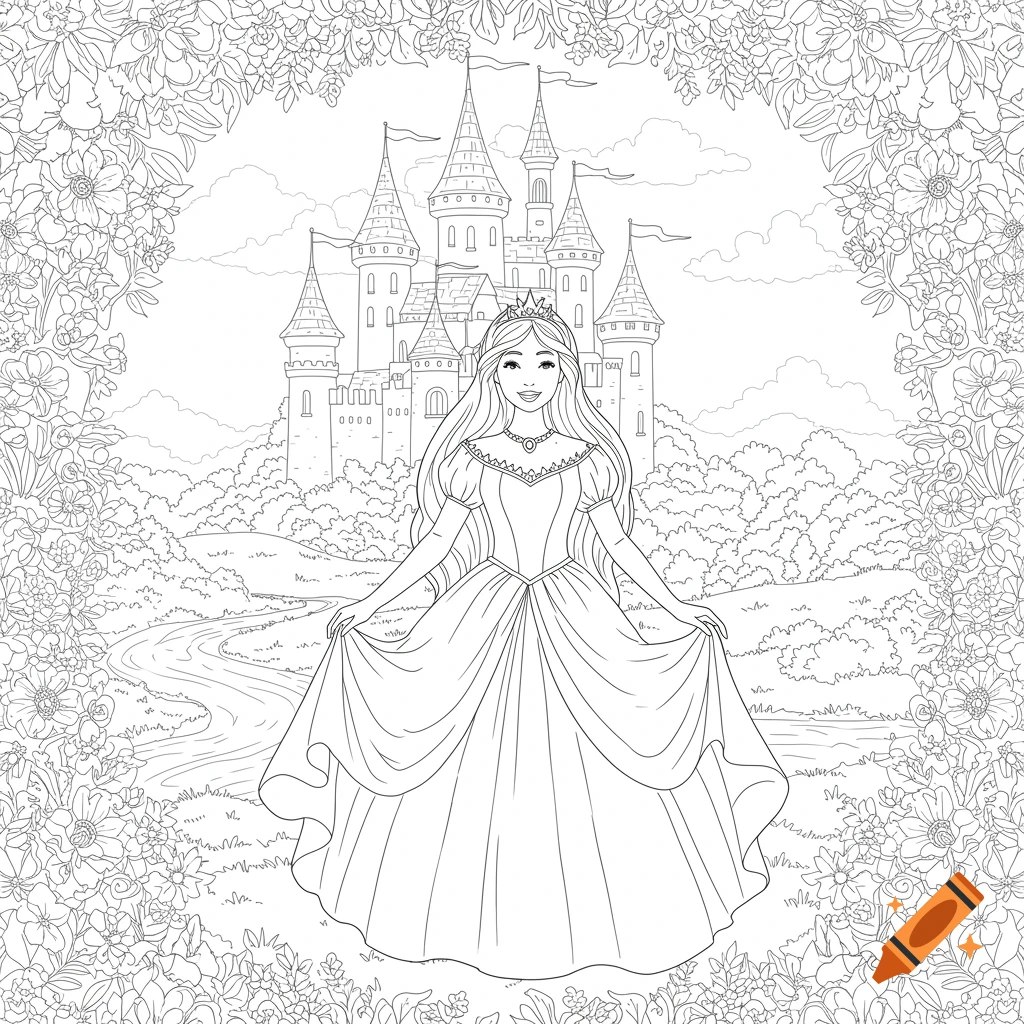 Black and white line art coloring page of a princess standing in front of a castle framed by flowers.