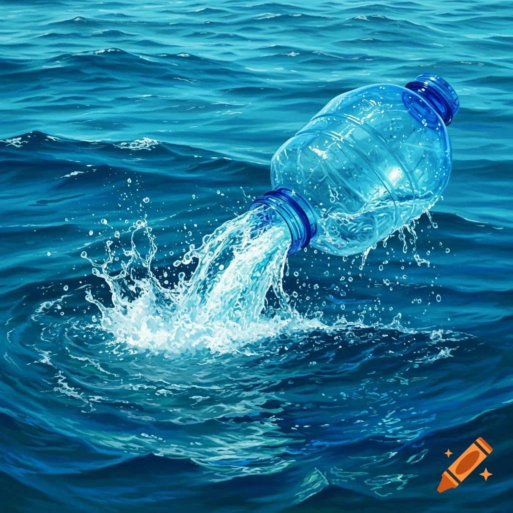 a water bottle pouring water into the ocean