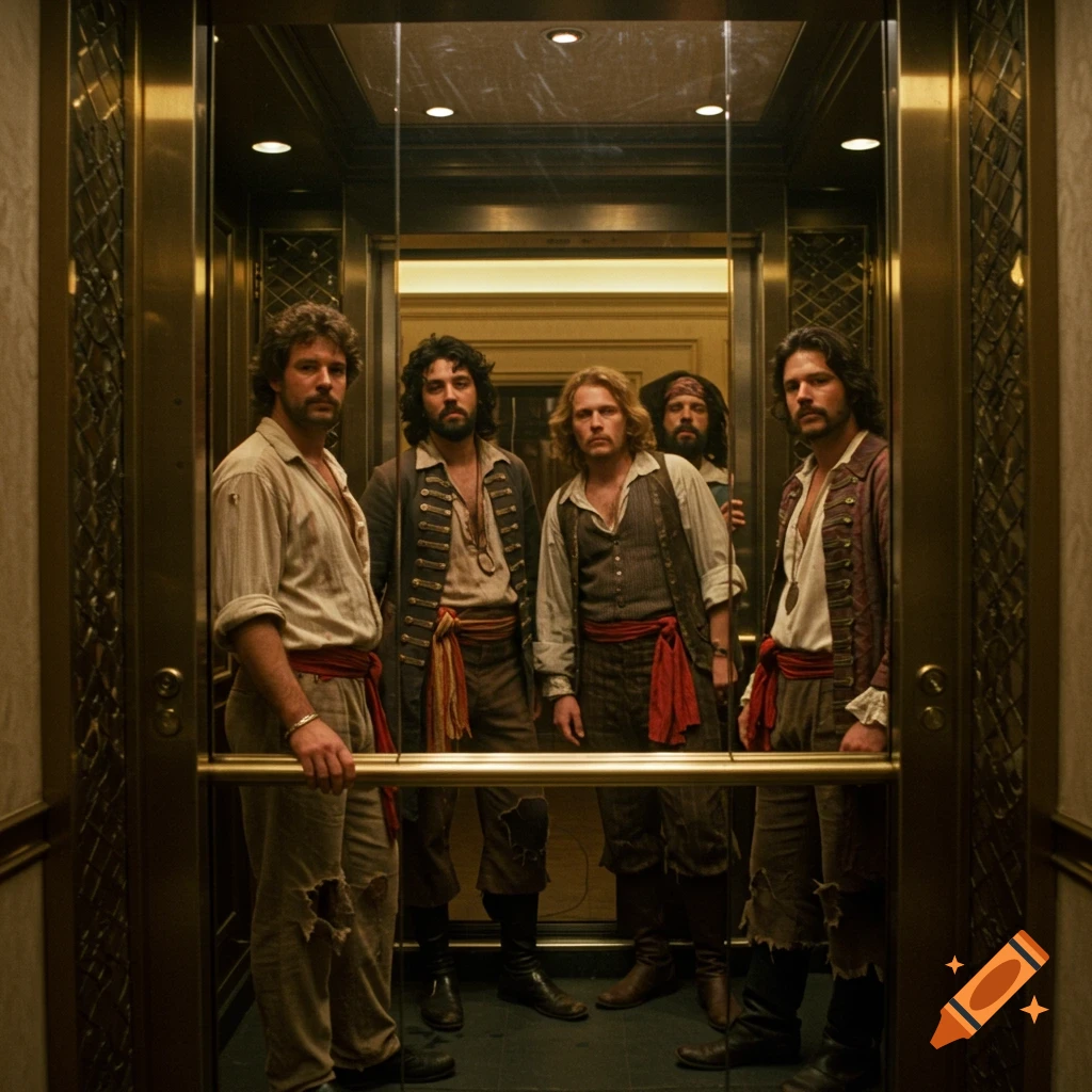 Five pirates in a fancy hotel elevator looking bored, photorealistic style