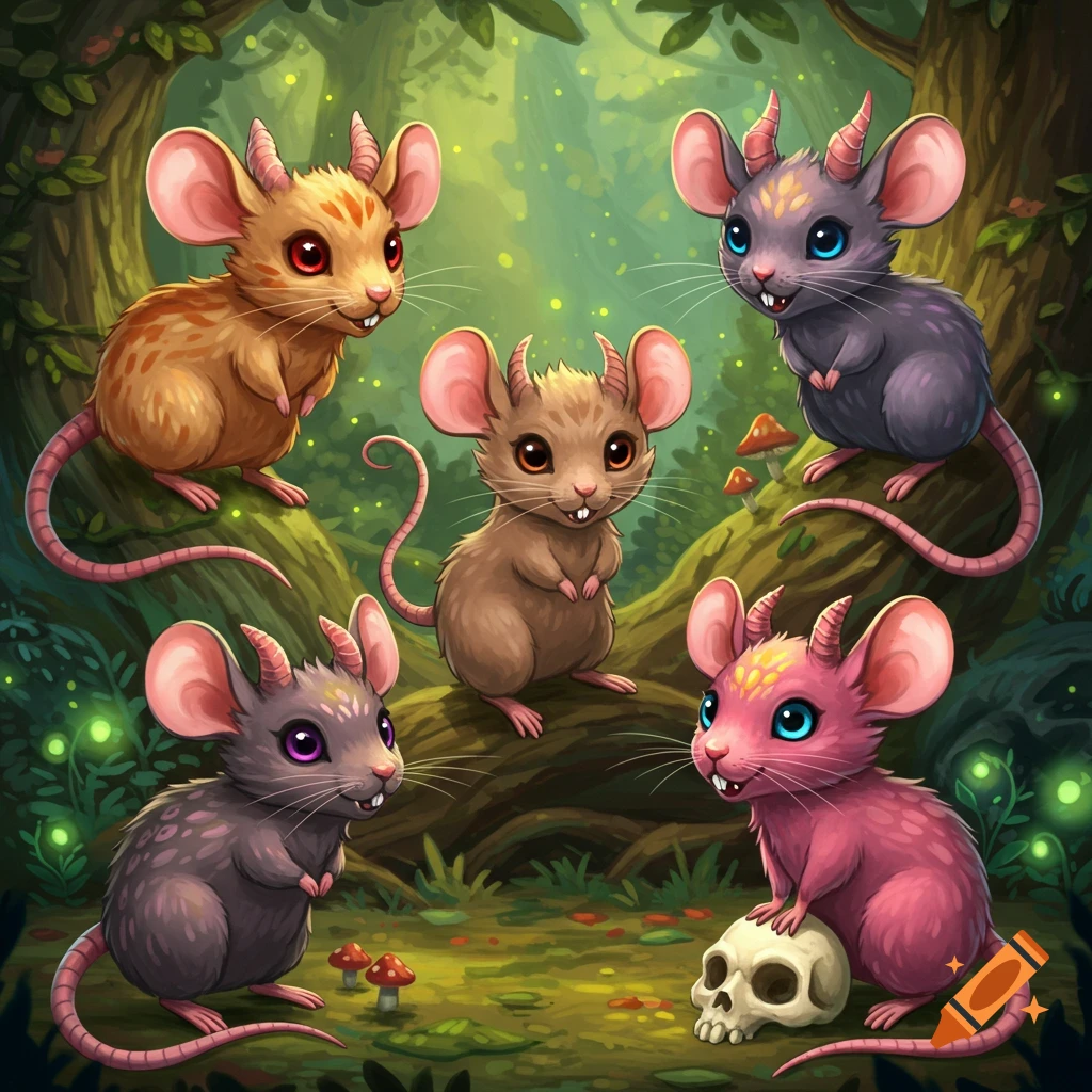 Five cute horned rats in a forest setting.