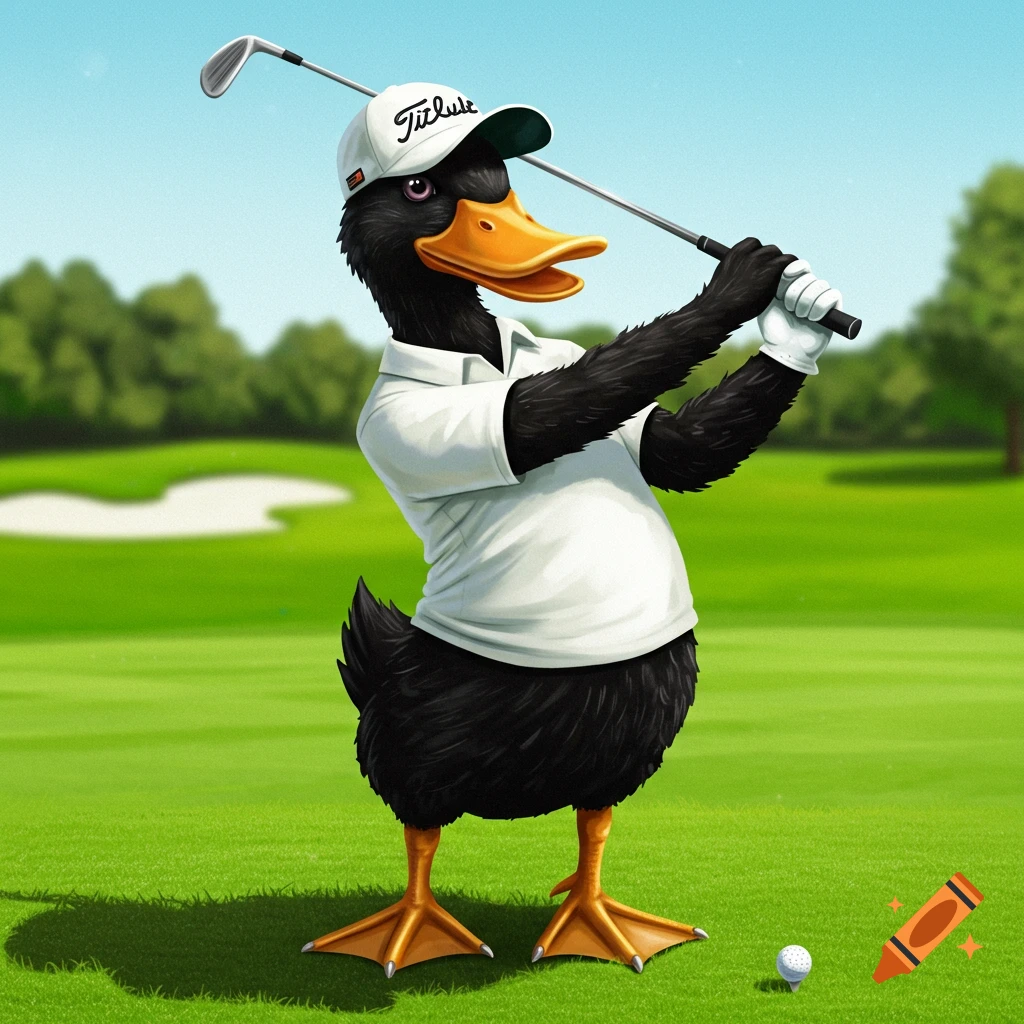 A black duck in golf apparel swinging a golf club on a course.