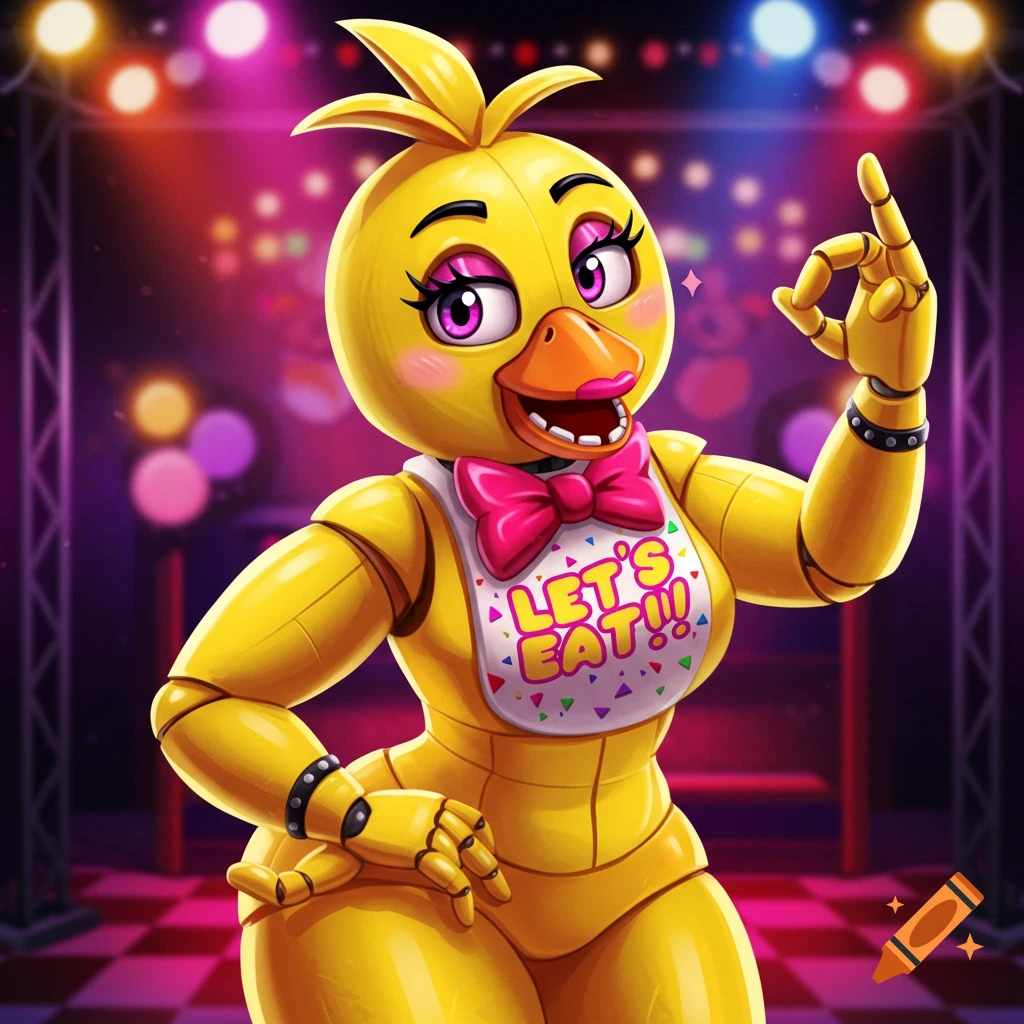 Image of a yellow chicken animatronic (FNaF Chica) on a stage, wearing a bib that says LET'S EAT, giving an OK sign.