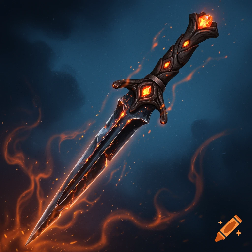 A magical fantasy dagger wreathed in fire and embers against a dark background.