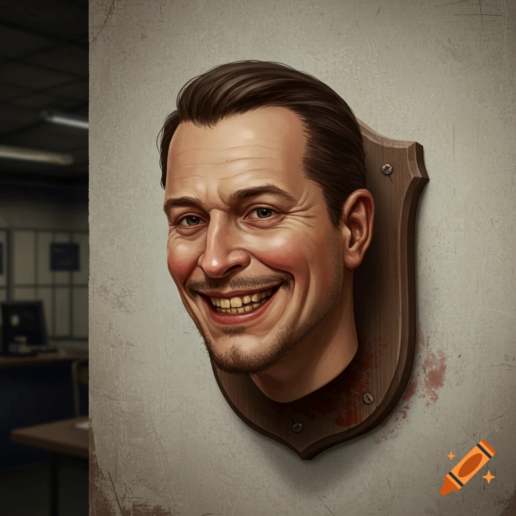 Smiling man's head mounted like taxidermy on a wall in a police station.