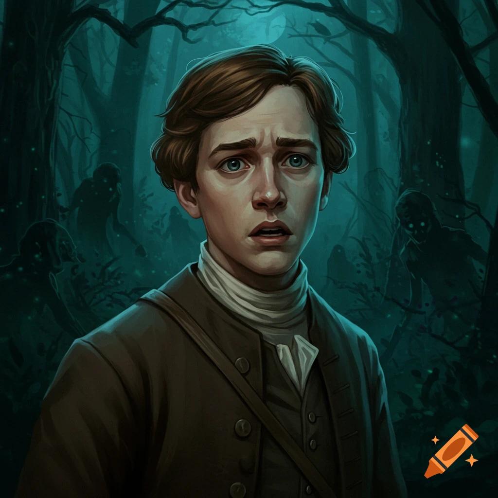 A scared young man stands in a dark forest with shadowy figures surrounding him.