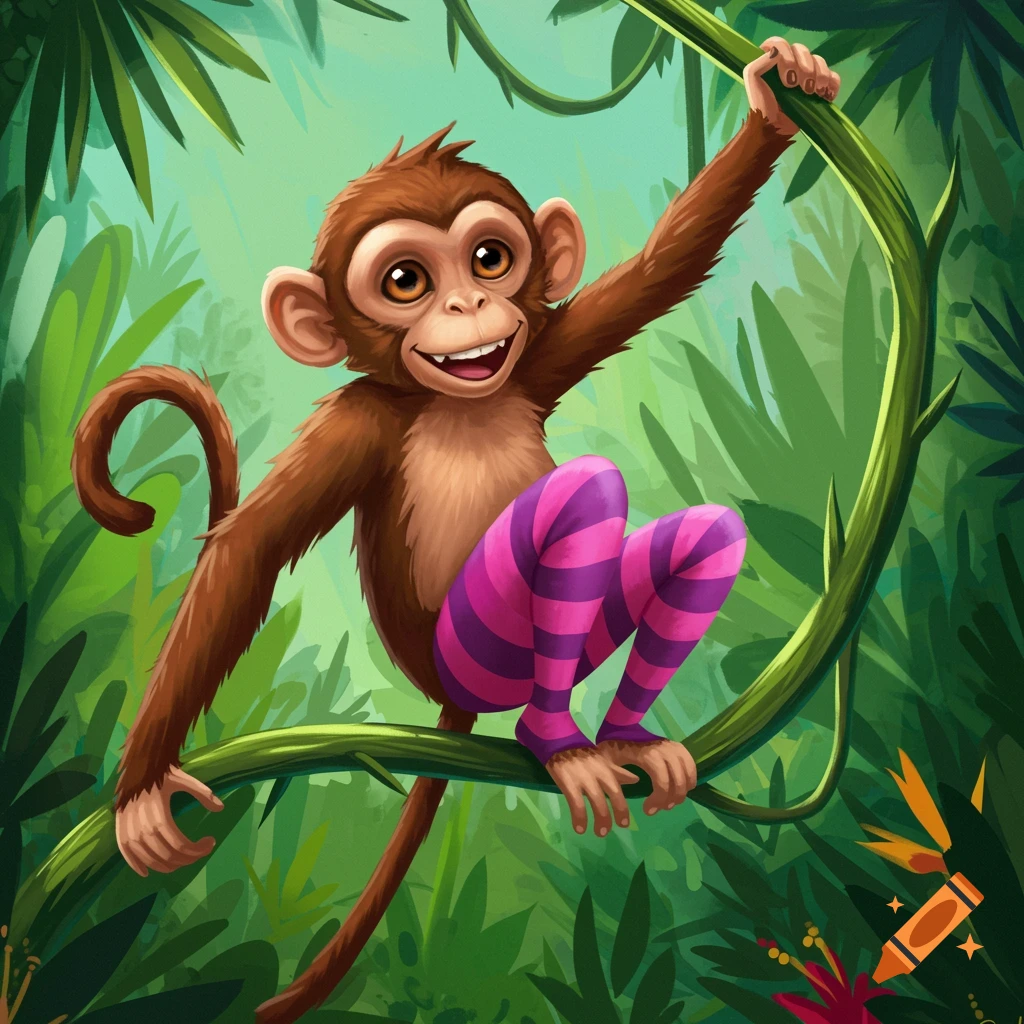 A cartoon monkey in pink and purple striped tights swinging on a vine in a lush jungle.