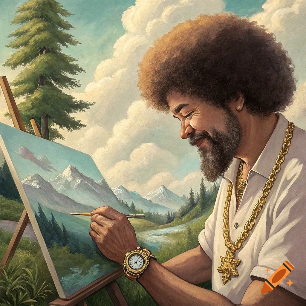 Bob Ross painting a landscape on an easel while wearing a gold chain and watch.