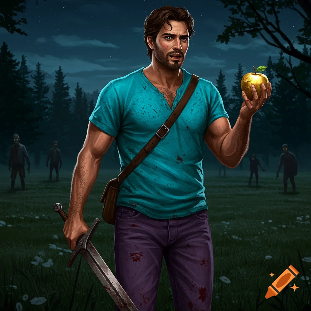 A muscular man with a sword and golden apple stands in a field at night, surrounded by zombies.