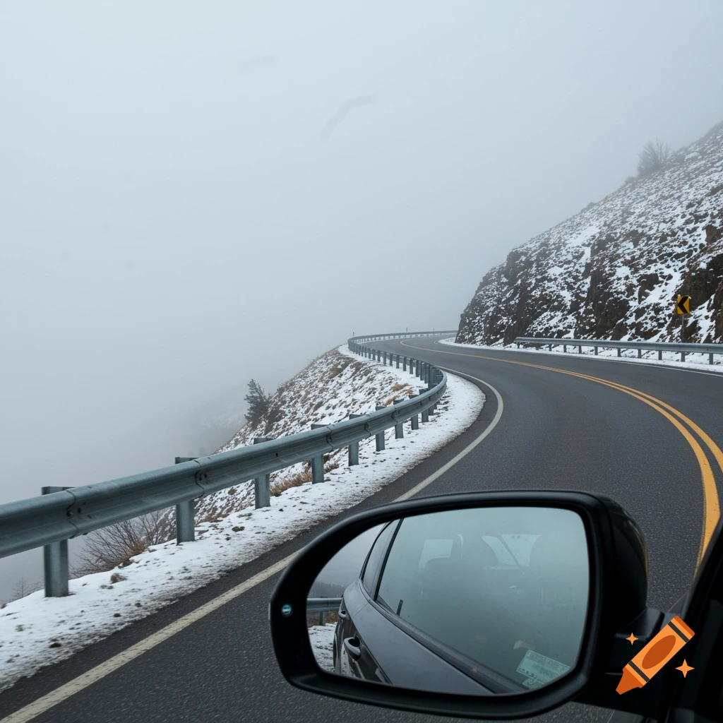 View from a car window of a winding mountain road with snow and fog.