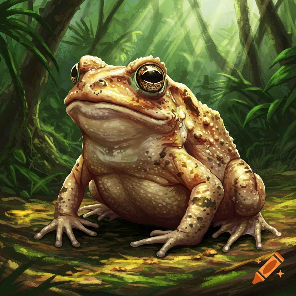 A large toad sits in a forest.