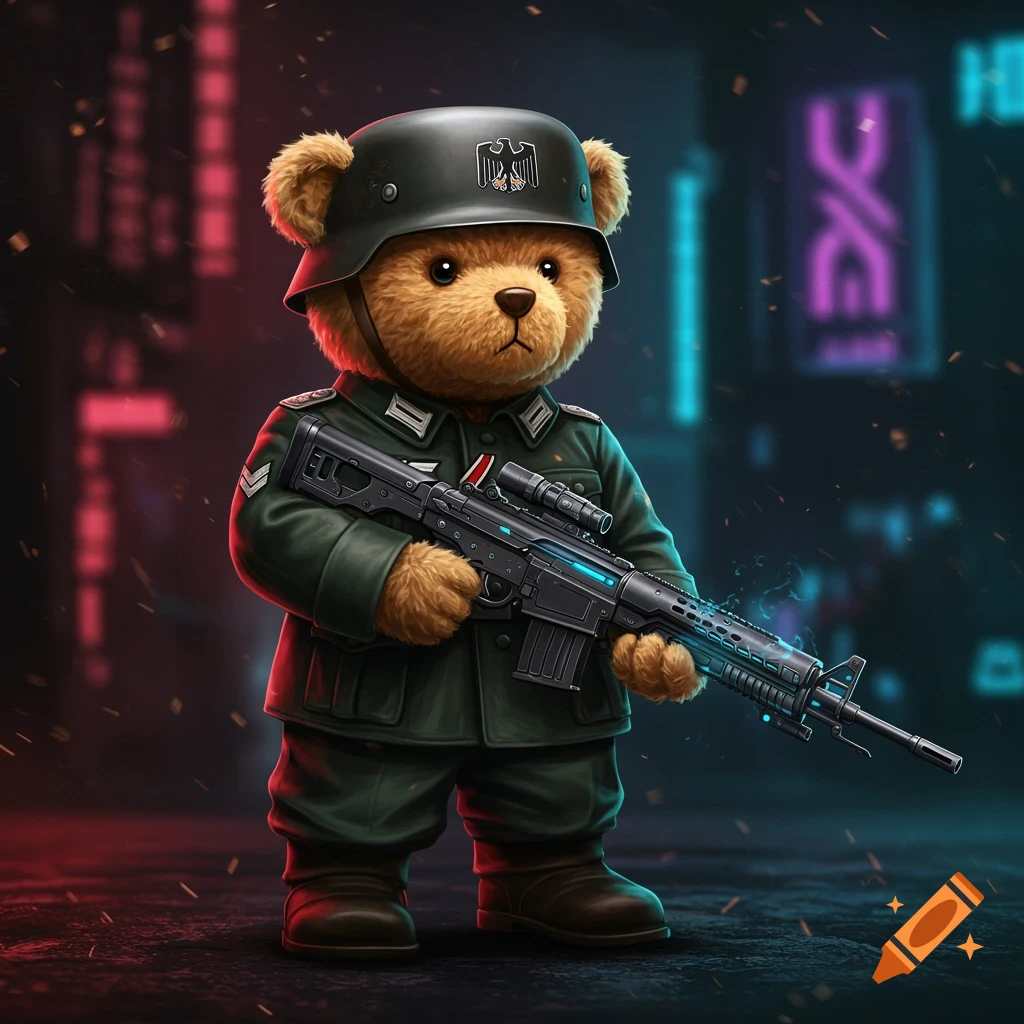 A hyperrealistic image of a teddy bear in a dark green German World War 2 uniform and helmet, holding a futuristic black rifle with glowing blue accents, standing in a dark futuristic cityscape with neon lights.