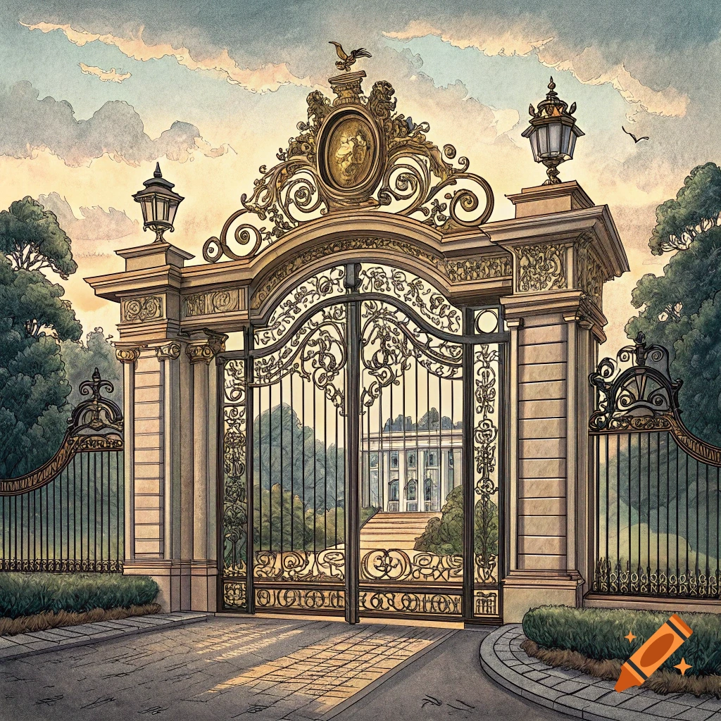 Ornate golden gate with a distant white building visible through it, in an illustration style