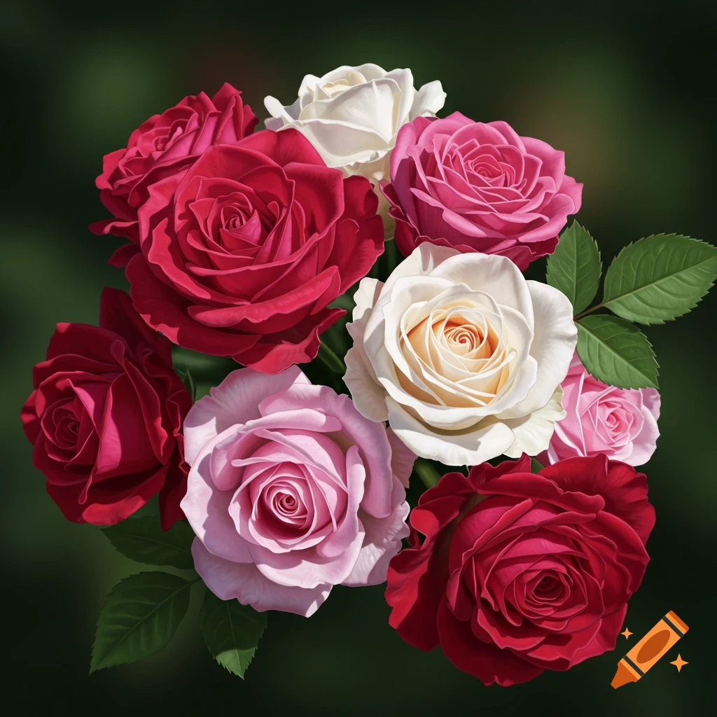 A bouquet of red, pink, and white roses.