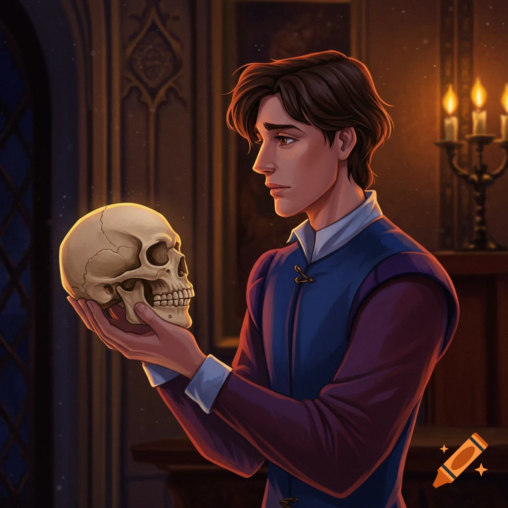 A young man in historical clothes is holding a skull in a castle room.