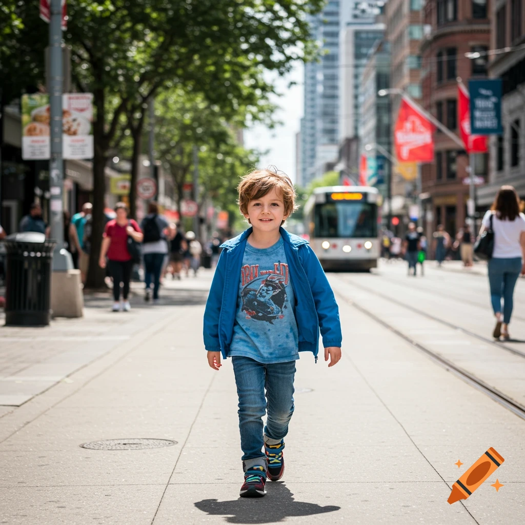 A young boy walks on a city sidewalk with a tram in the background in a photorealistic style.