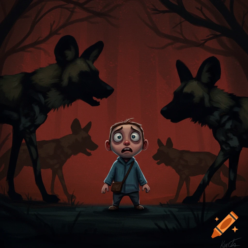 Stylized frightened boy surrounded by menacing wild dog silhouettes in a dark forest