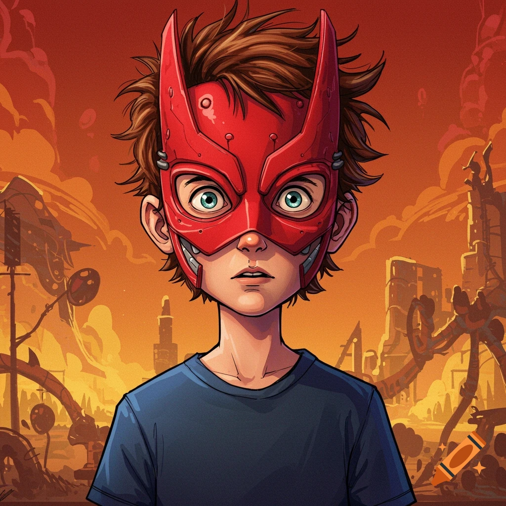 Comic book portrait of a boy wearing a red horned mask in a sci-fi cityscape
