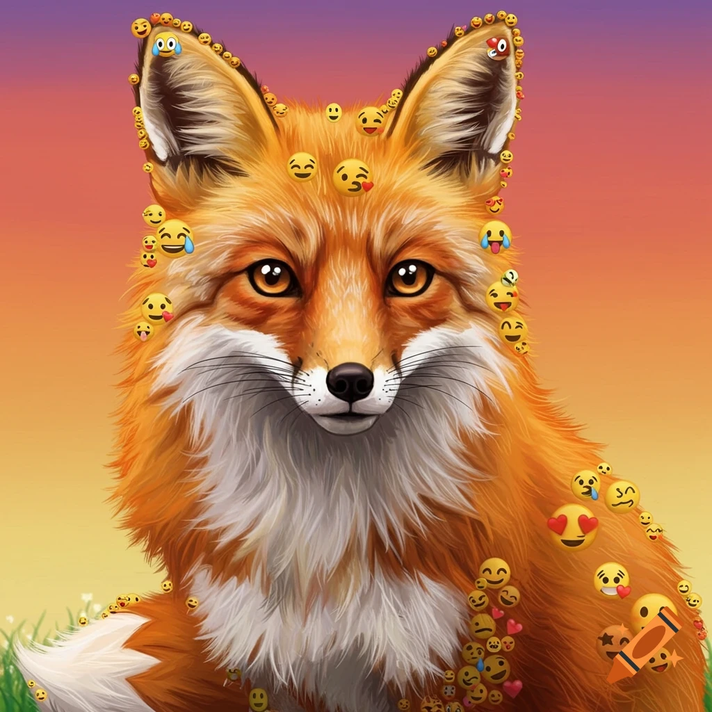A fox covered in various emojis against a gradient orange and purple sky.