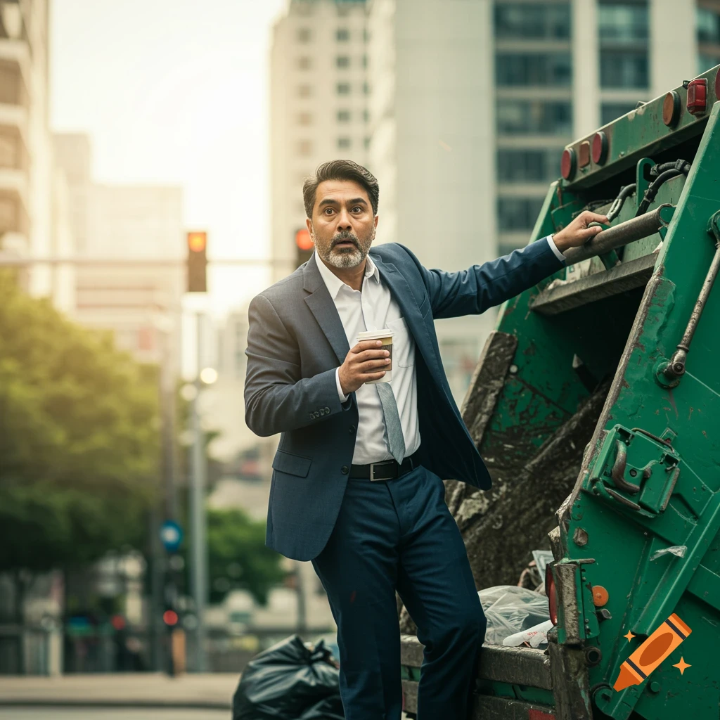 Businessman in suit holding onto green garbage truck on a city street