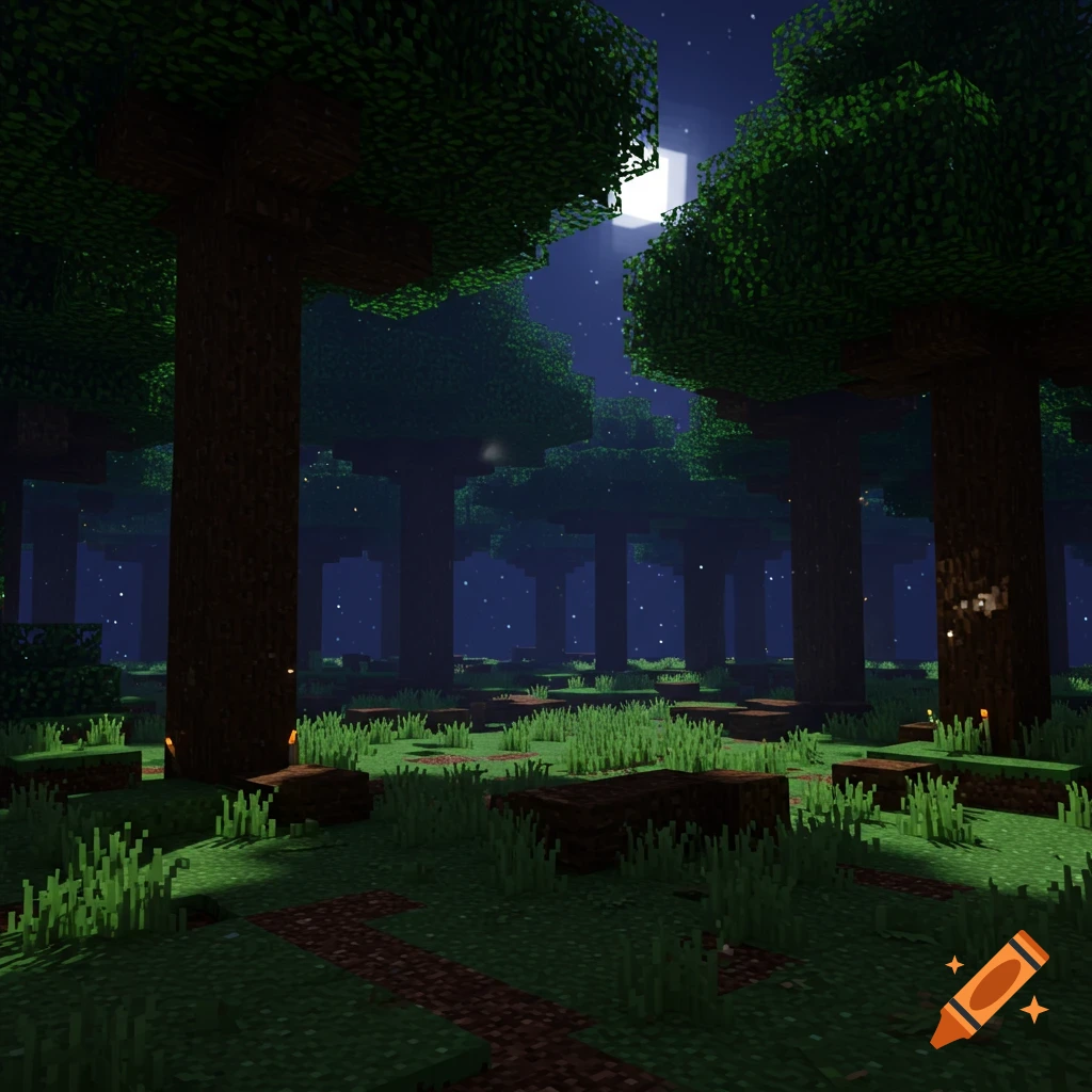 Minecraft-style dark forest at night with moonlight