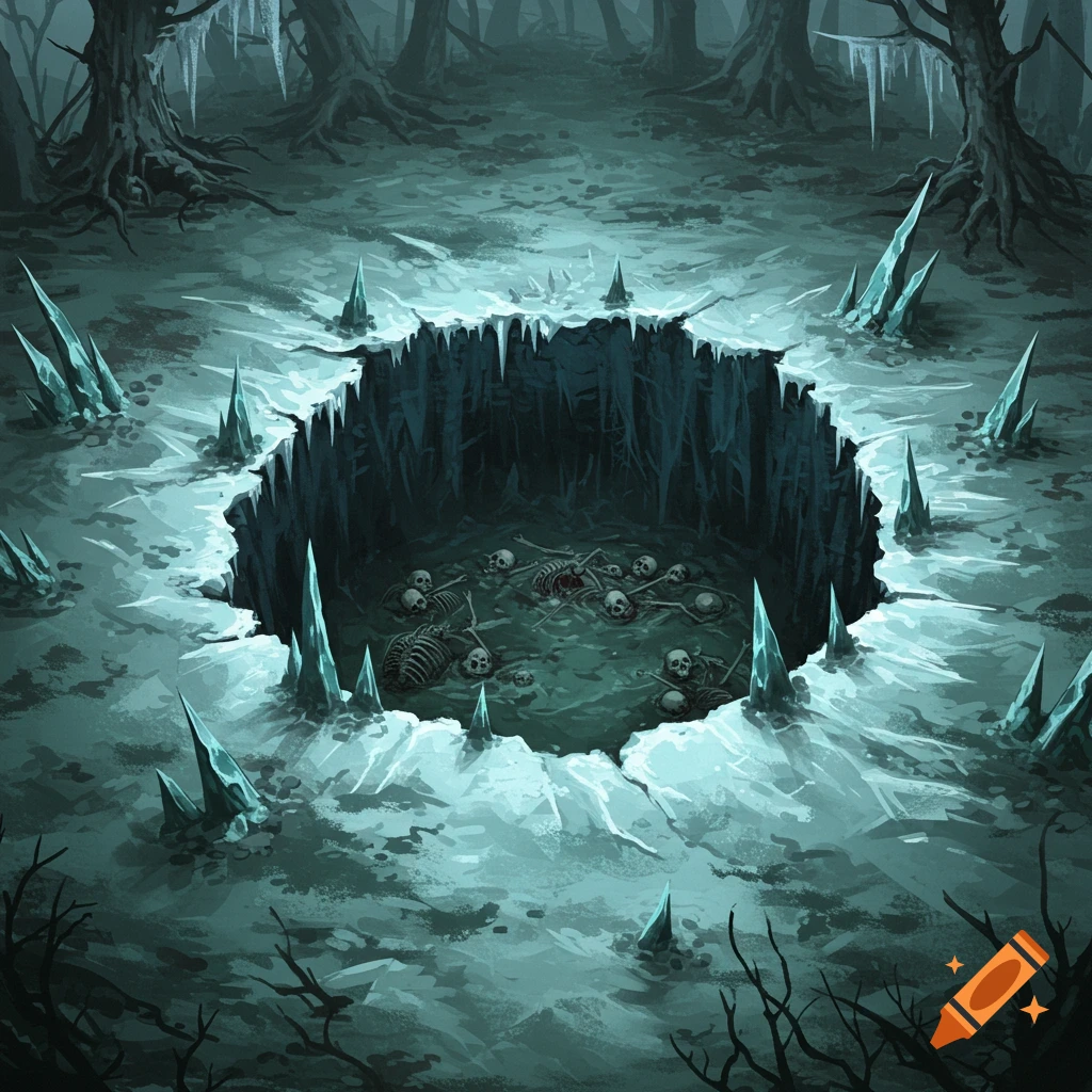Icy swamp pit filled with skeletons, used as a battlemap.
