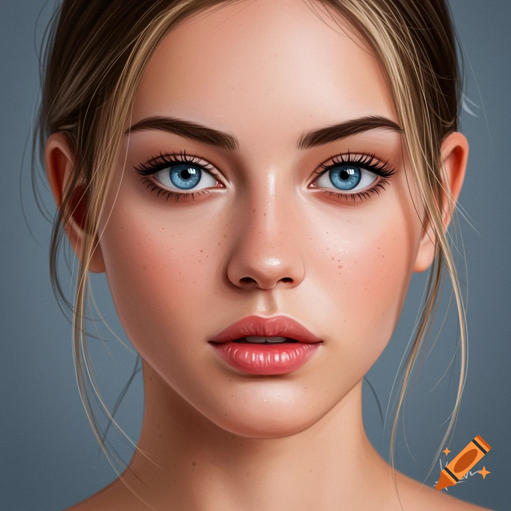 Close-up of a woman's face with blue eyes, freckles, and light brown hair.