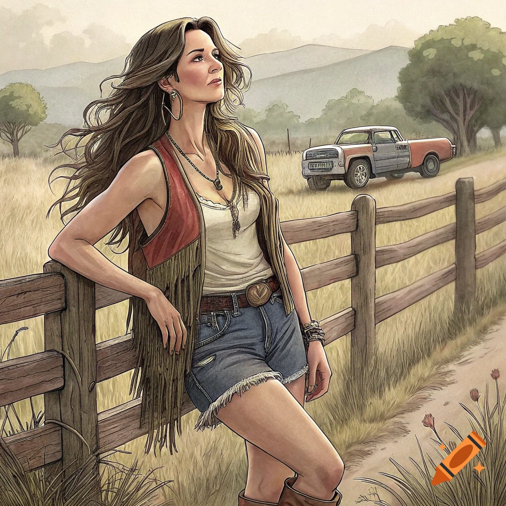 Illustration of a woman in country clothing leaning on a fence with a truck in the background.