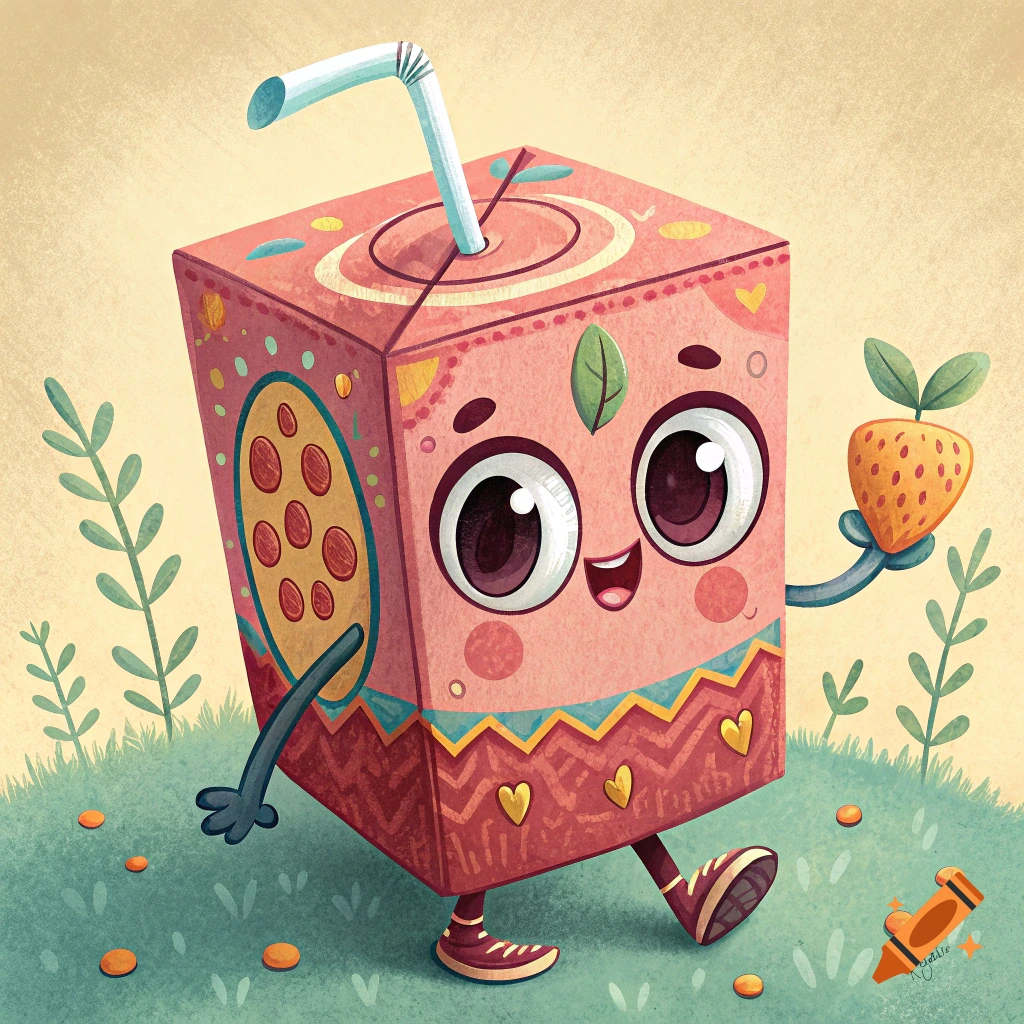 Cute cartoon juice box character standing in grass, holding a strawberry.