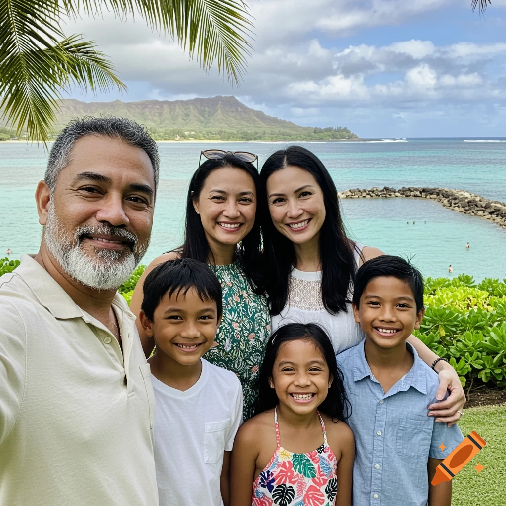 A smiling family poses for a photo by the ocean with a mountain in the background.