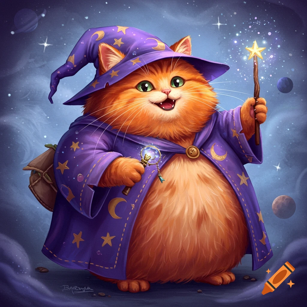 A fluffy orange cat dressed as a wizard, holding a wand and staff, against a starry space background.
