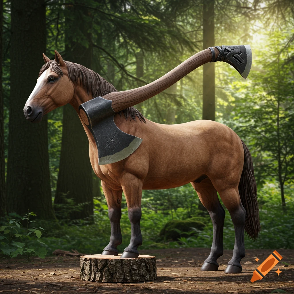 A 3D render of a horse with an axe blade and handle for its body standing in a forest.