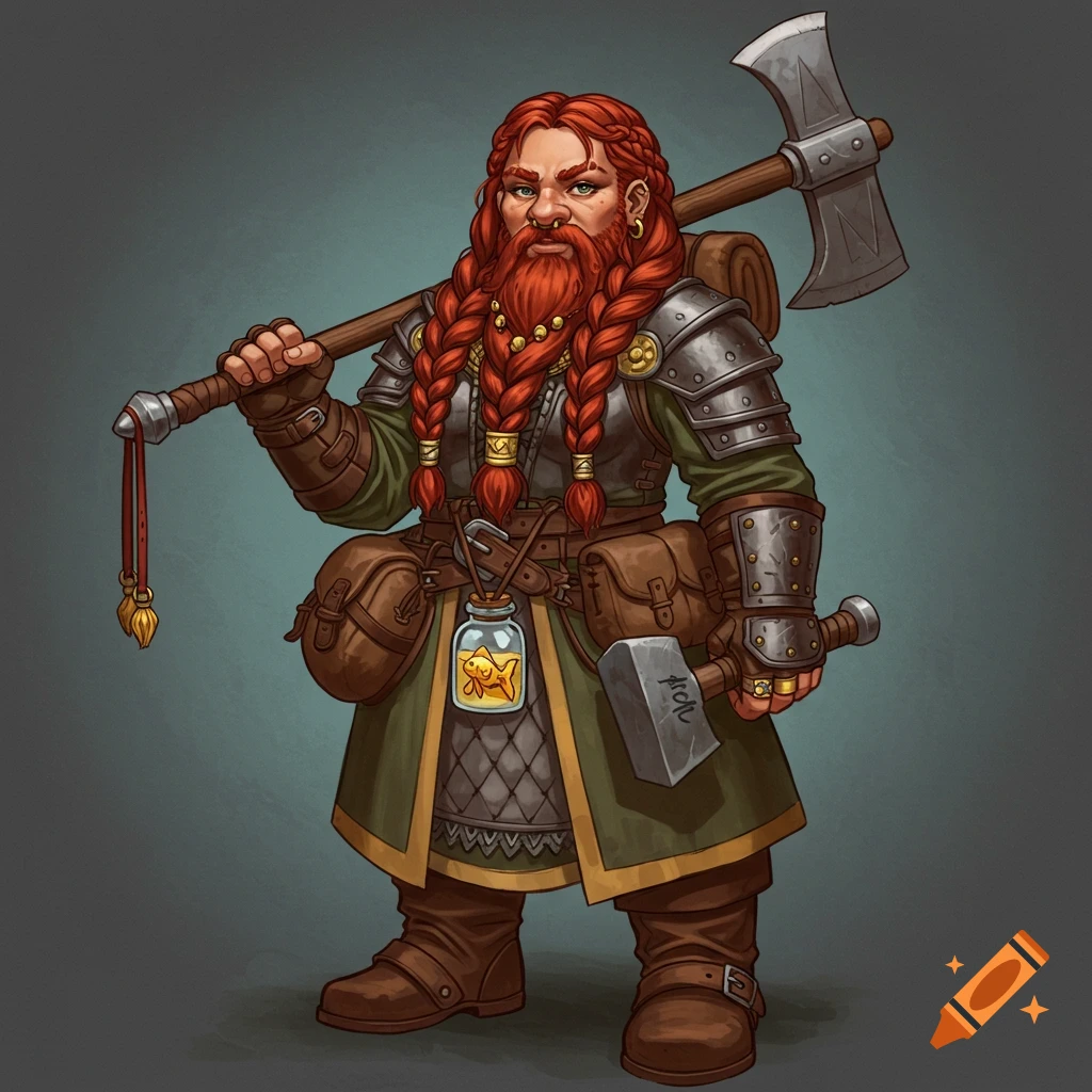 A red-haired dwarf woman in armor holding an axe and hammer, with a goldfish in a bottle.