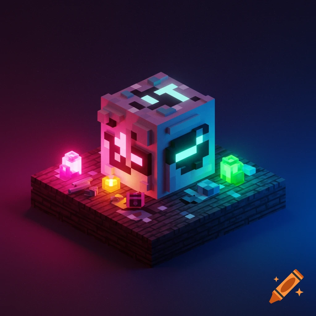 Voxel-style 3D render of a glowing cube with symbols, surrounded by neon lights on a dark base.