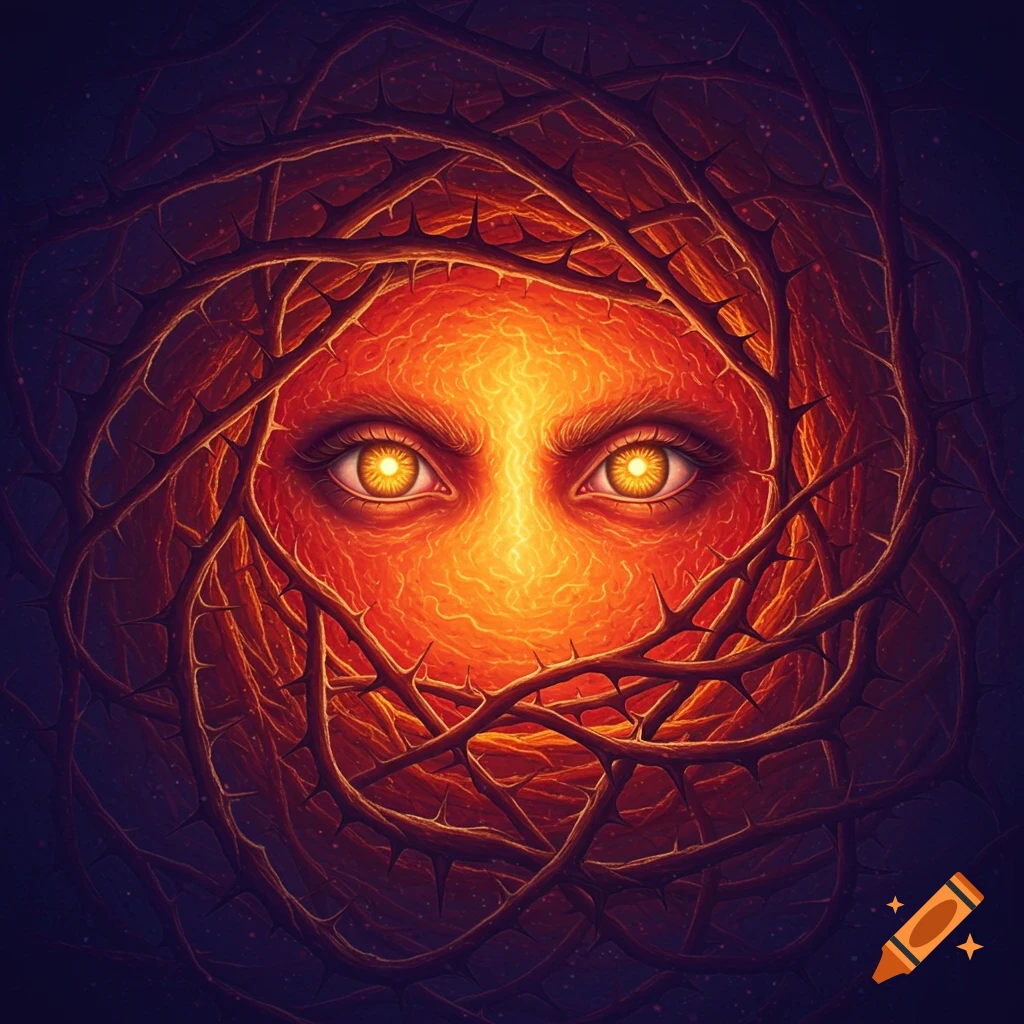 Glowing eyes within fiery texture surrounded by dark thorny branches.