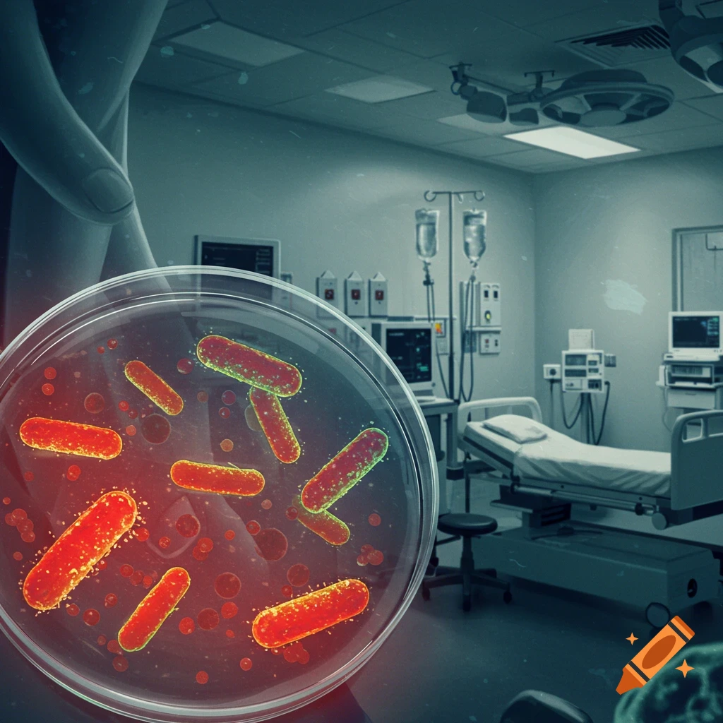 Bacteria in a petri dish with a hospital room background.