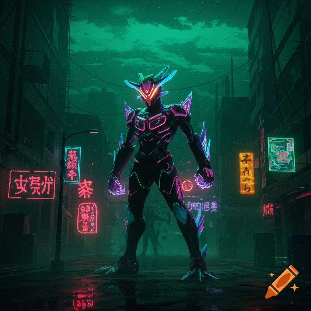 A futuristic armored figure stands in a dark, rainy cyberpunk city street with neon signs.