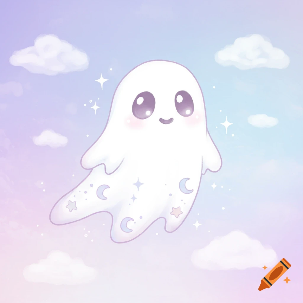 A cute white ghost floats in a pastel sky with clouds, stars, and moons.