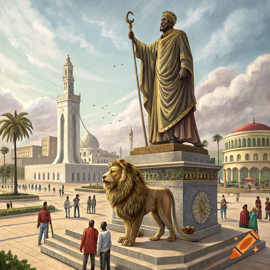 Large statue of a robed figure and a lion in a city square with architecture.