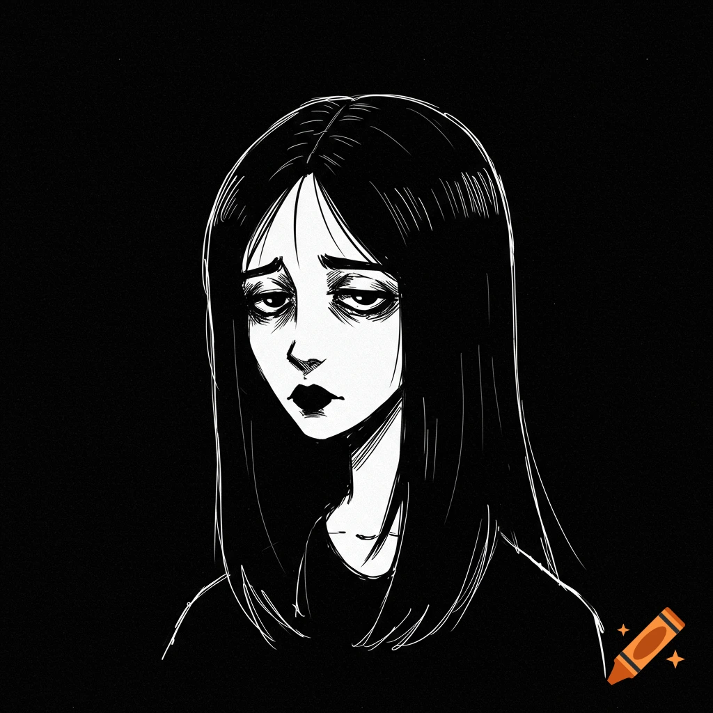 Black and white sketch portrait of a sad girl with dark hair on a black background.