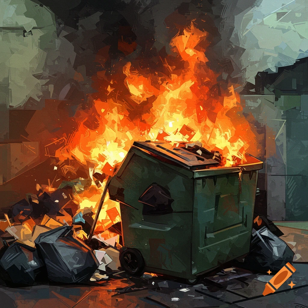 A stylized rendering of a dumpster fire.