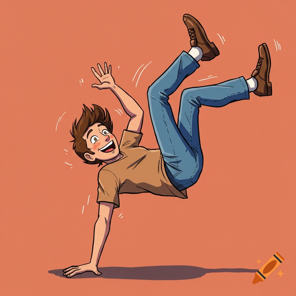 A cartoon illustration of a man falling or balancing on one hand with legs in the air, smiling, against an orange background.