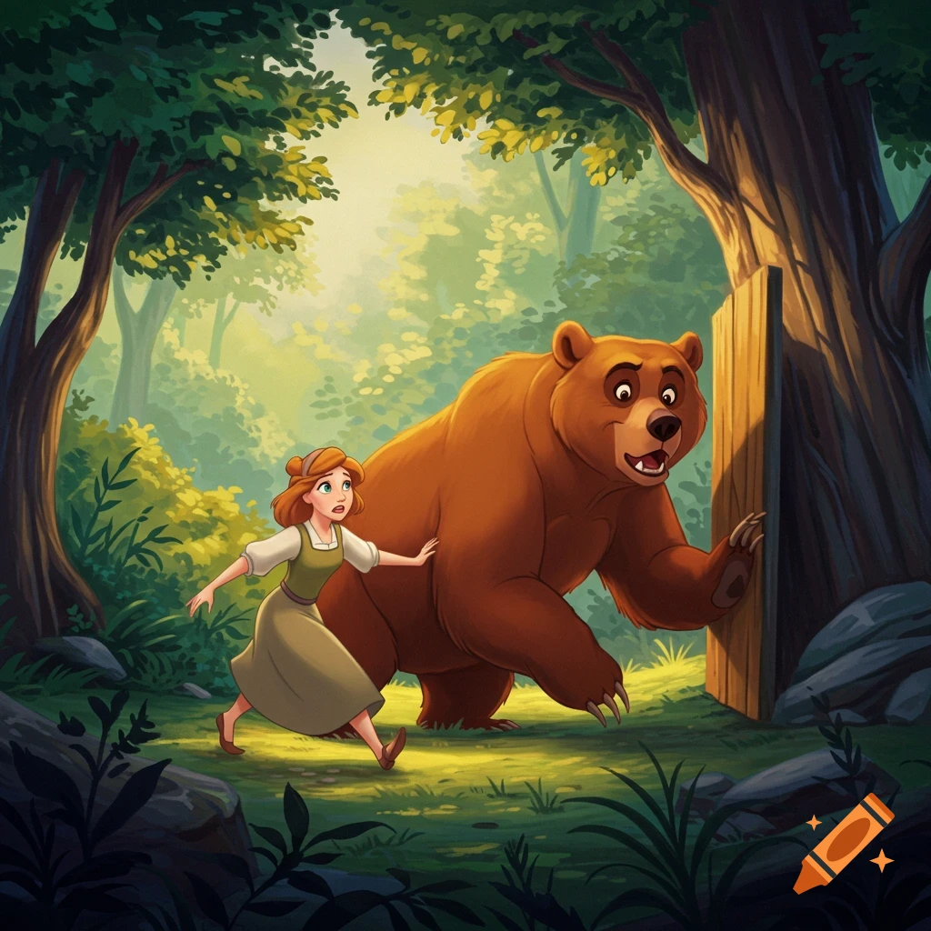 A woman runs from a cartoon bear in a forest.